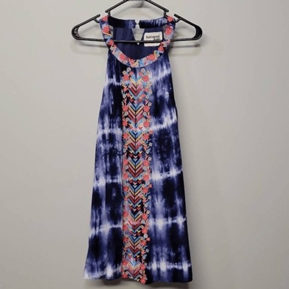 Savanna Jane Mini Sundress‎ Large Blue Tie Dye Embroidery Halter Pockets Unique - Picture 4 of 10